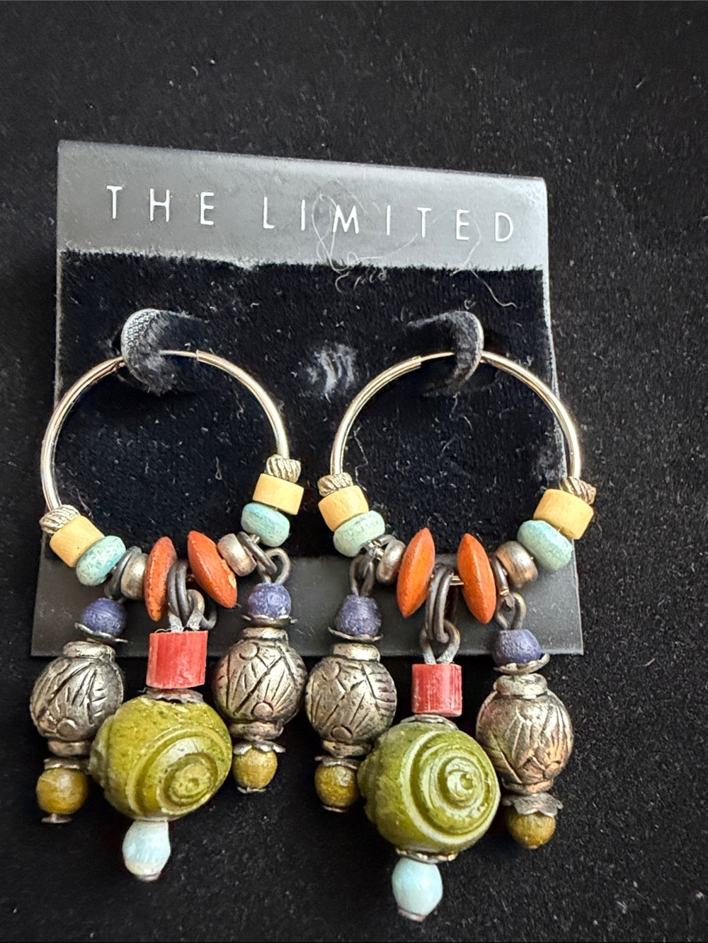 The Limited Green Bead Hoop Earrings with Multicolor Accents New Old Stock